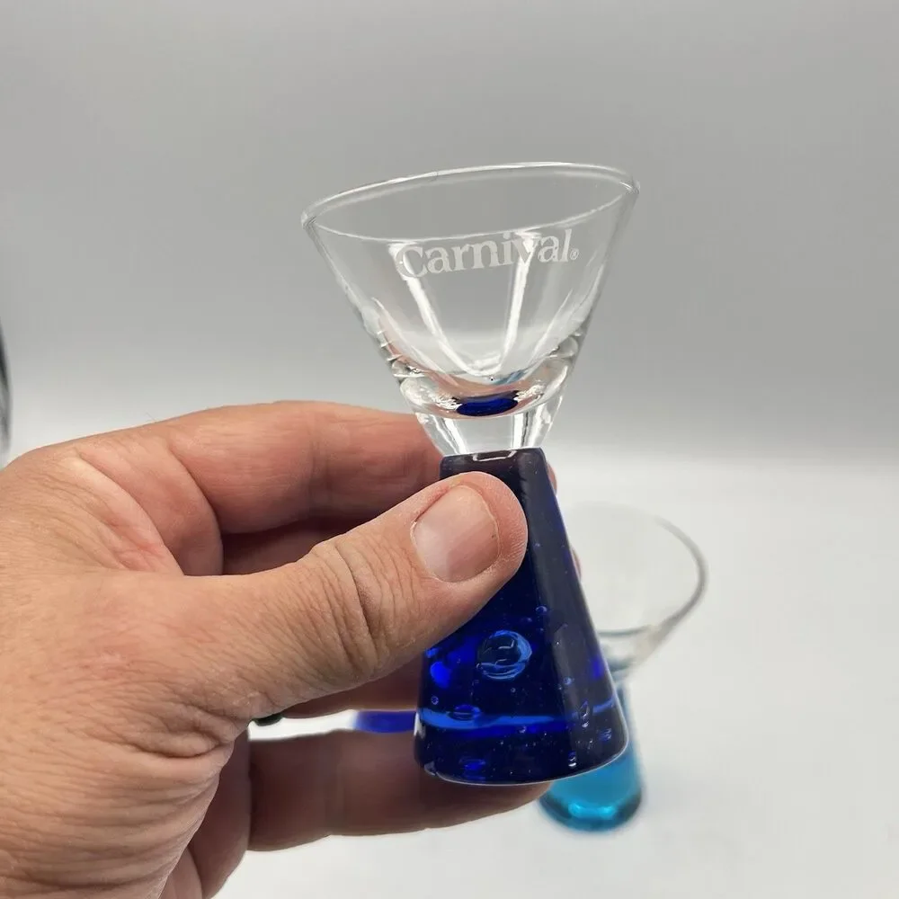 CARNIVAL CRUISE SHIP COBALT BLUE FACETED BASE SHOT MARTINI GLASSES - Set Of 3